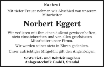 Traueranzeige von Norbert Eggert  von Magdeburger Volksstimme