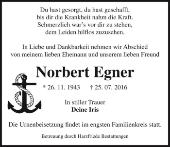 Traueranzeige von Norbert Egner  von Magdeburger Volksstimme