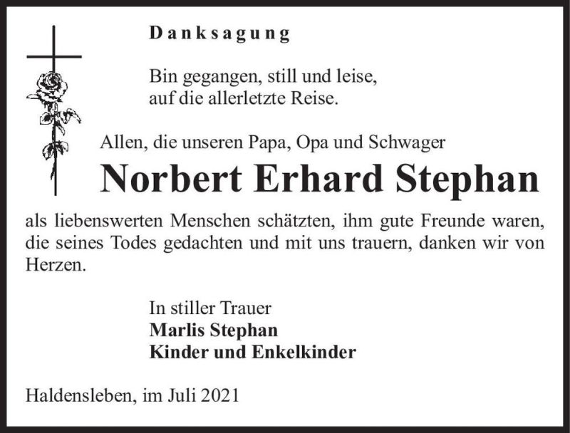  Traueranzeige für Norbert Erhard Stephan  vom 17.07.2021 aus Magdeburger Volksstimme
