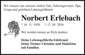 Traueranzeige von Norbert Erlebach  von Magdeburger Volksstimme