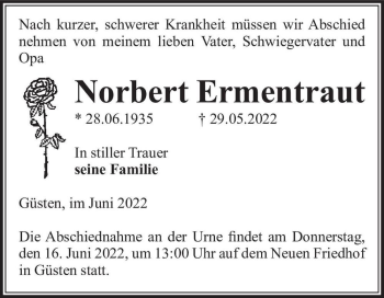 Traueranzeige von Norbert Ermentraut  von Magdeburger Volksstimme