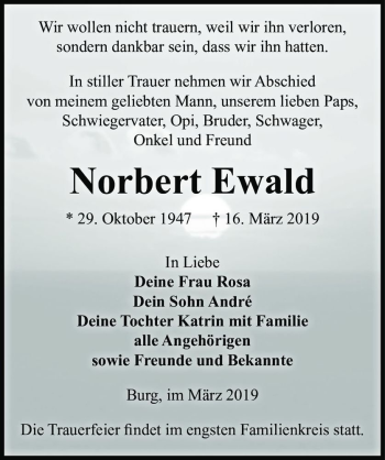 Traueranzeige von Norbert Ewald  von Magdeburger Volksstimme