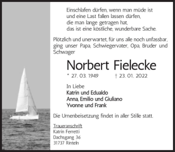 Traueranzeige von Norbert Fielecke  von Magdeburger Volksstimme