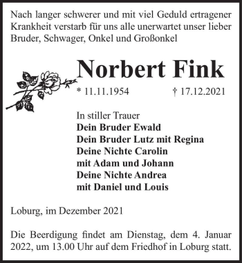 Traueranzeige von Norbert Fink  von Magdeburger Volksstimme