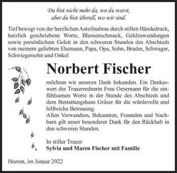 Traueranzeige von Norbert Fischer  von Magdeburger Volksstimme