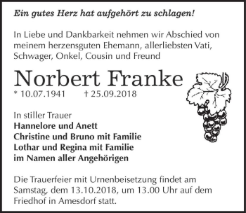 Traueranzeige von Norbert Franke  von Magdeburger Volksstimme