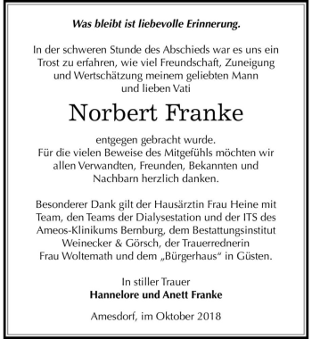 Traueranzeige von Norbert Franke  von Magdeburger Volksstimme