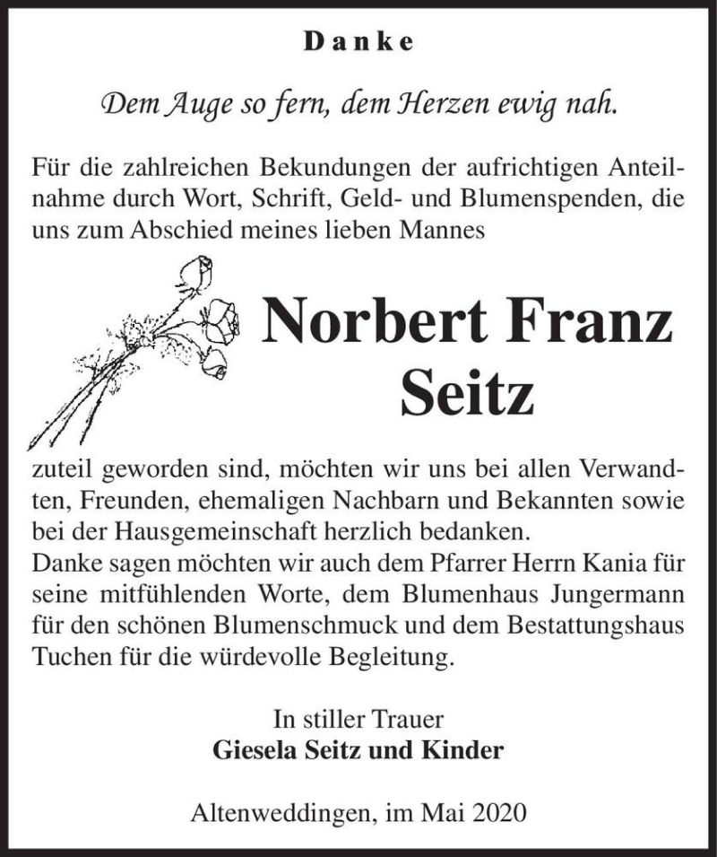  Traueranzeige für Norbert Franz Seitz  vom 30.05.2020 aus Magdeburger Volksstimme