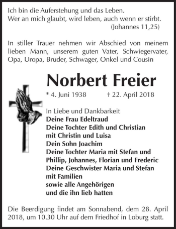 Traueranzeige von Norbert Freier  von Magdeburger Volksstimme