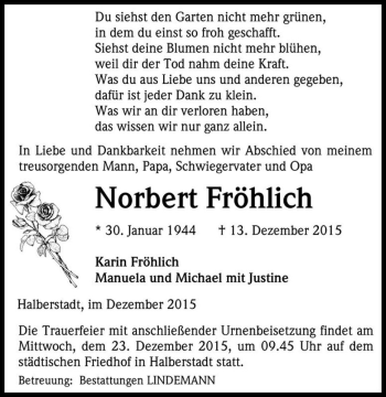 Traueranzeige von Norbert Fröhlich  von Magdeburger Volksstimme