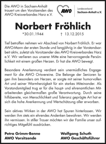 Traueranzeige von Norbert Fröhlich  von Magdeburger Volksstimme