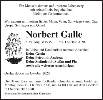 Traueranzeige von Norbert Galle  von Magdeburger Volksstimme