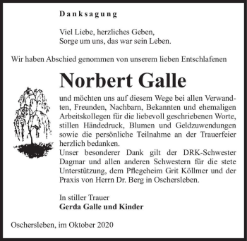 Traueranzeige von Norbert Galle  von Magdeburger Volksstimme