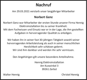 Traueranzeige von Norbert Genz  von Magdeburger Volksstimme