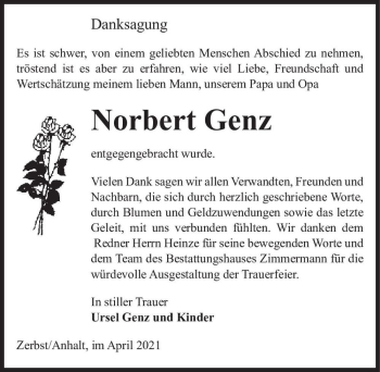 Traueranzeige von Norbert Genz  von Magdeburger Volksstimme