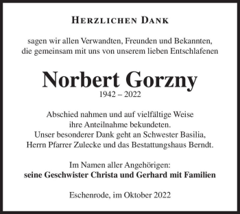 Traueranzeige von Norbert Gorzny  von Magdeburger Volksstimme