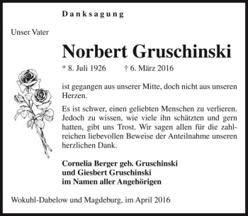 Traueranzeige von Norbert Gruschinski  von Magdeburger Volksstimme
