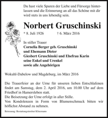 Traueranzeige von Norbert Gruschinski  von Magdeburger Volksstimme