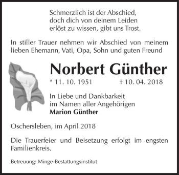 Traueranzeige von Norbert Günther  von Magdeburger Volksstimme