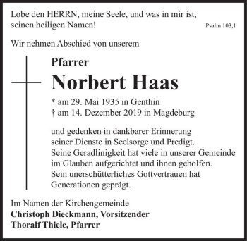 Traueranzeige von Norbert Haas  von Magdeburger Volksstimme