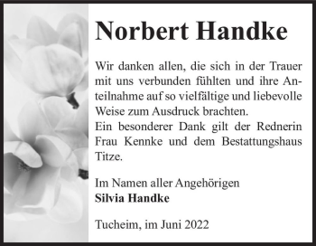 Traueranzeige von Norbert Handke  von Magdeburger Volksstimme
