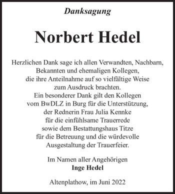 Traueranzeige von Norbert Hedel  von Magdeburger Volksstimme