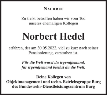 Traueranzeige von Norbert Hedel  von Magdeburger Volksstimme
