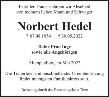 Traueranzeige von Norbert Hedel  von Magdeburger Volksstimme