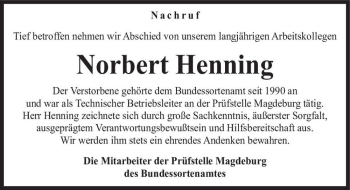Traueranzeige von Norbert Henning  von Magdeburger Volksstimme