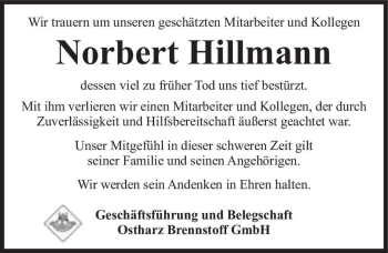 Traueranzeige von Norbert Hillmann  von Magdeburger Volksstimme
