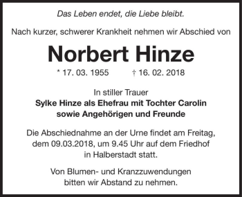Traueranzeige von Norbert Hinze  von Magdeburger Volksstimme