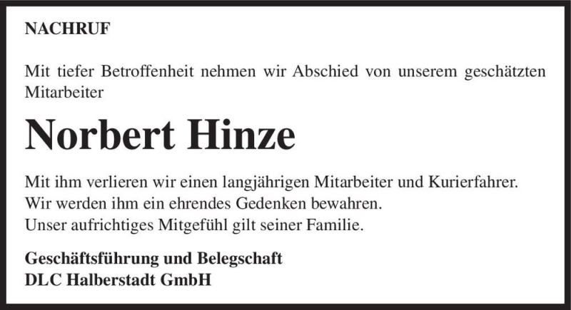  Traueranzeige für Norbert Hinze  vom 24.02.2018 aus Magdeburger Volksstimme