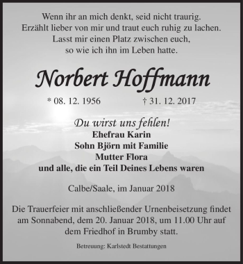 Traueranzeige von Norbert Hoffmann  von Magdeburger Volksstimme
