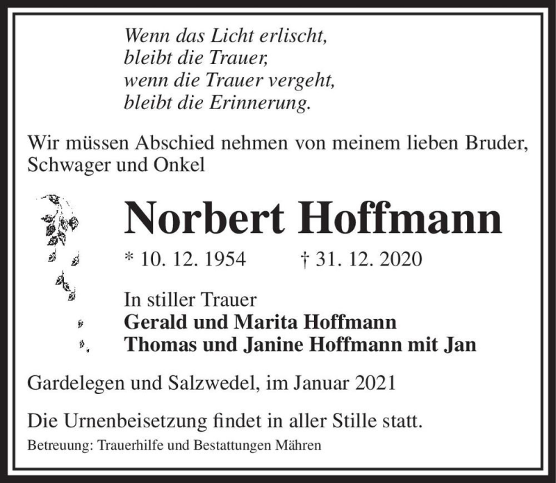  Traueranzeige für Norbert Hoffmann  vom 19.01.2021 aus Magdeburger Volksstimme