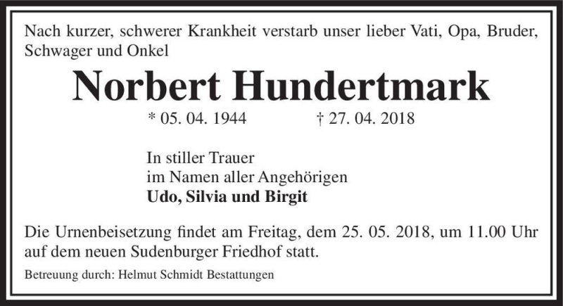  Traueranzeige für Norbert Hundertmark  vom 12.05.2018 aus Magdeburger Volksstimme