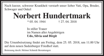 Traueranzeige von Norbert Hundertmark  von Magdeburger Volksstimme