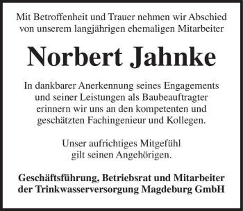 Traueranzeige von Norbert Jahnke  von Magdeburger Volksstimme