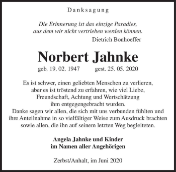 Traueranzeige von Norbert Jahnke  von Magdeburger Volksstimme