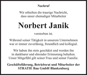 Traueranzeige von Norbert Janik  von Magdeburger Volksstimme
