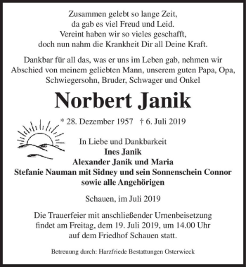 Traueranzeige von Norbert Janik  von Magdeburger Volksstimme