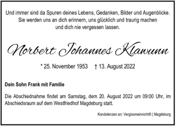 Traueranzeige von Norbert Johannes Klawunn  von Magdeburger Volksstimme
