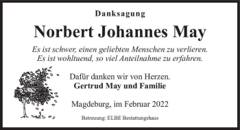 Traueranzeige von Norbert Johannes May  von Magdeburger Volksstimme