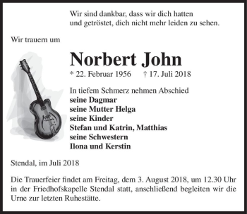 Traueranzeige von Norbert John  von Magdeburger Volksstimme