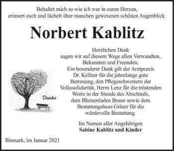 Traueranzeige von Norbert Kablitz  von Magdeburger Volksstimme