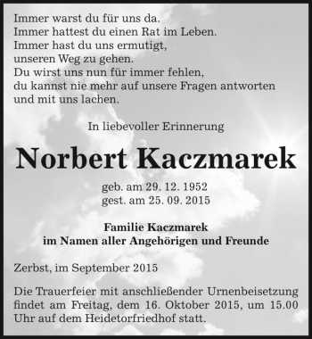 Traueranzeige von Norbert Kaczmarek  von Magdeburger Volksstimme