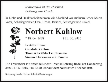 Traueranzeige von Norbert Kahlow  von Magdeburger Volksstimme