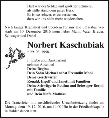 Traueranzeige von Norbert Kaschubiak  von Magdeburger Volksstimme
