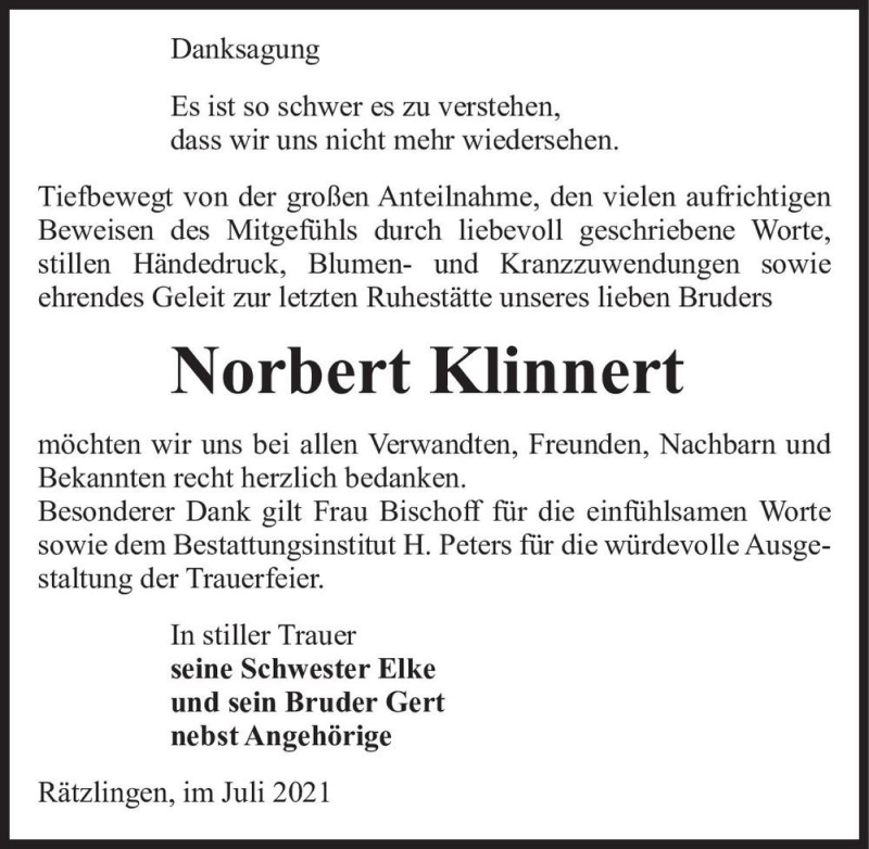  Traueranzeige für Norbert Klinnert  vom 14.07.2021 aus Magdeburger Volksstimme