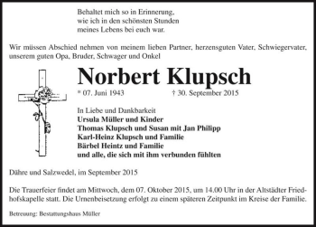 Traueranzeige von Norbert Klupsch  von Magdeburger Volksstimme