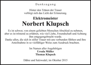 Traueranzeige von Norbert Klupsch  von Magdeburger Volksstimme
